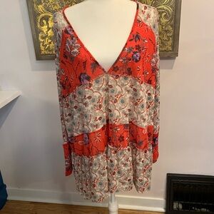 Free People Red and Cream Floral Blouse